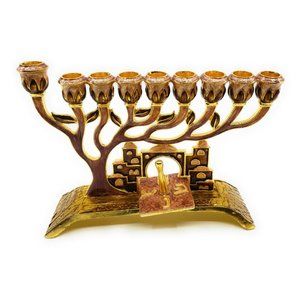 Chanukah Menorah with Removable Dreidel Hand Painted Enamel on Pewter (Mauve)